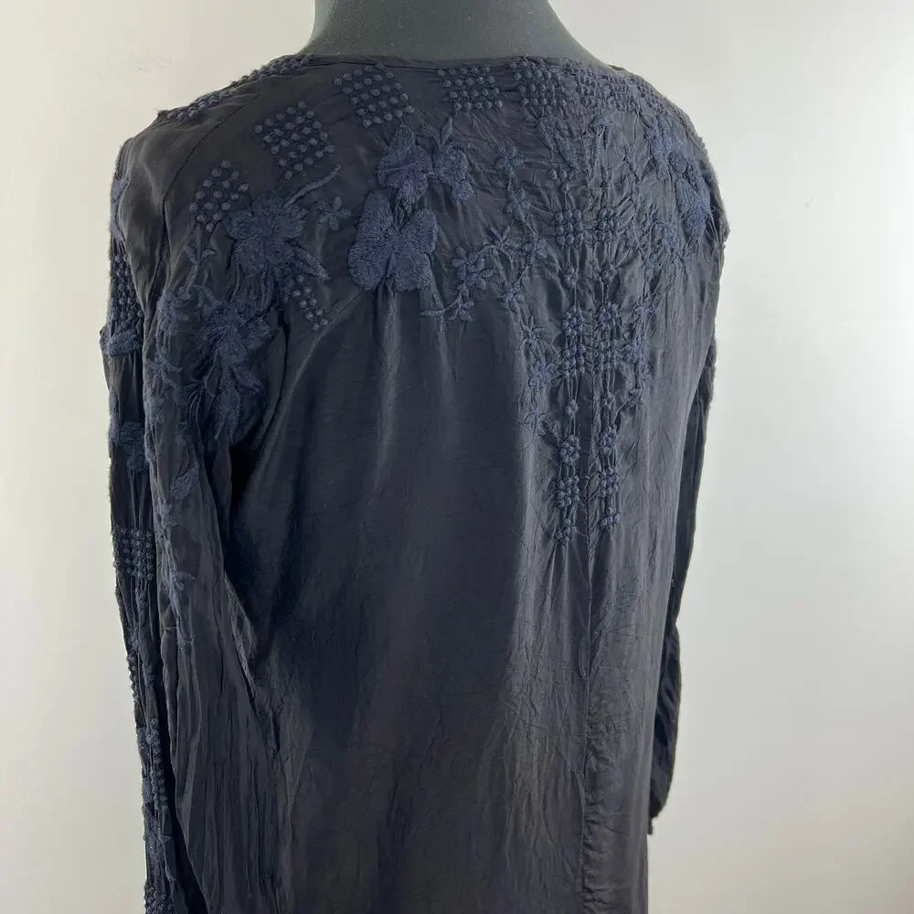 Johnny Was Black Butterfly Winter Tunic Embroidered Floral Tie Neck Women Top XS